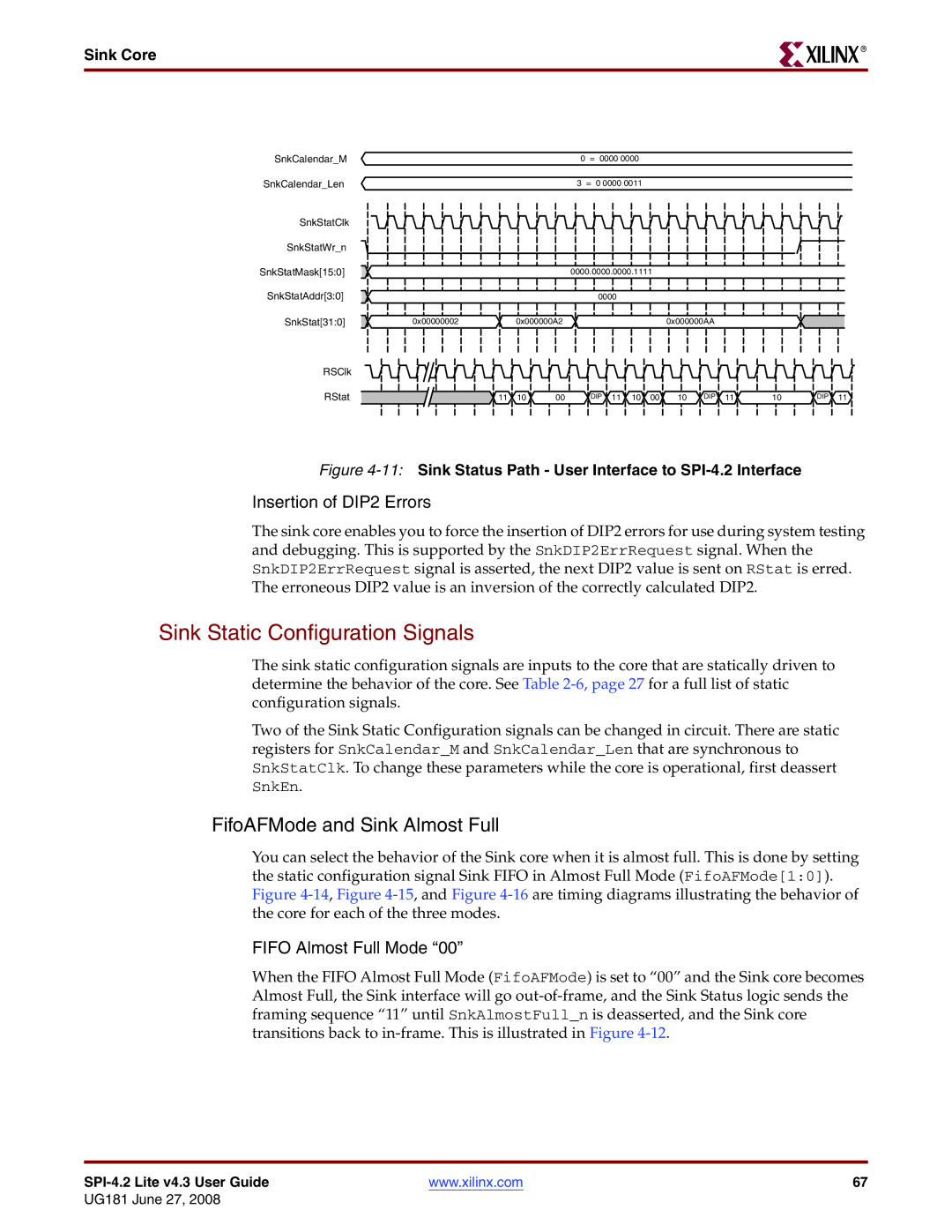 Xilinx UG181 manual Sink Static Configuration Signals, FifoAFMode and Sink Almost Full, Insertion of DIP2 Errors 