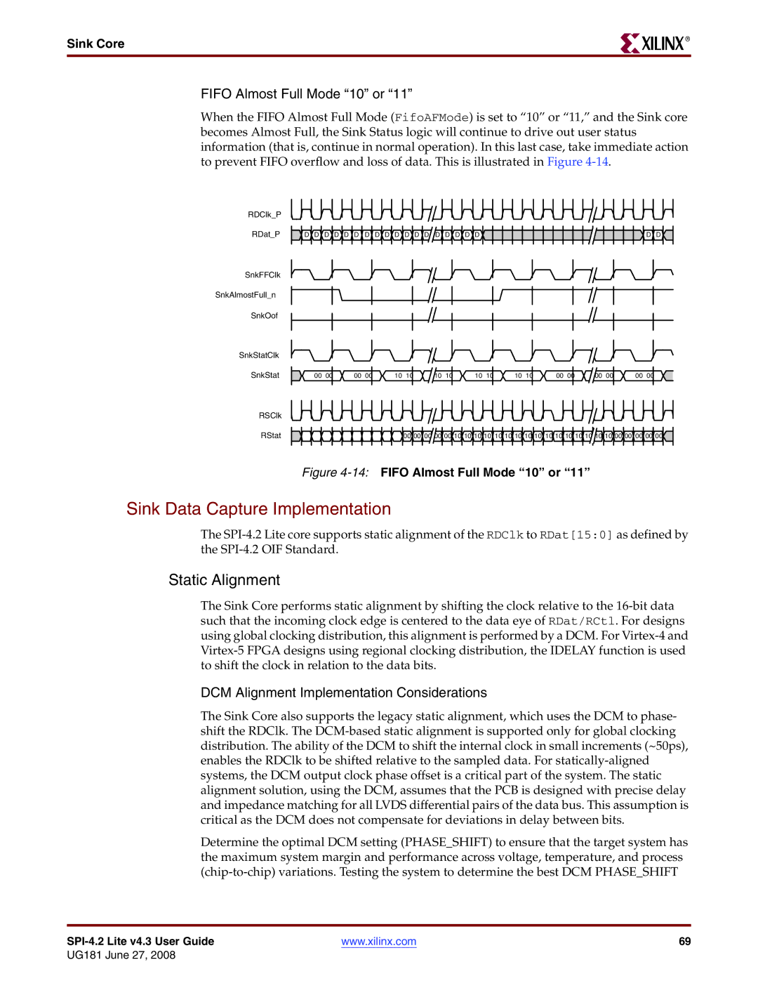 Xilinx UG181 manual Sink Data Capture Implementation, Static Alignment, Fifo Almost Full Mode 10 or 