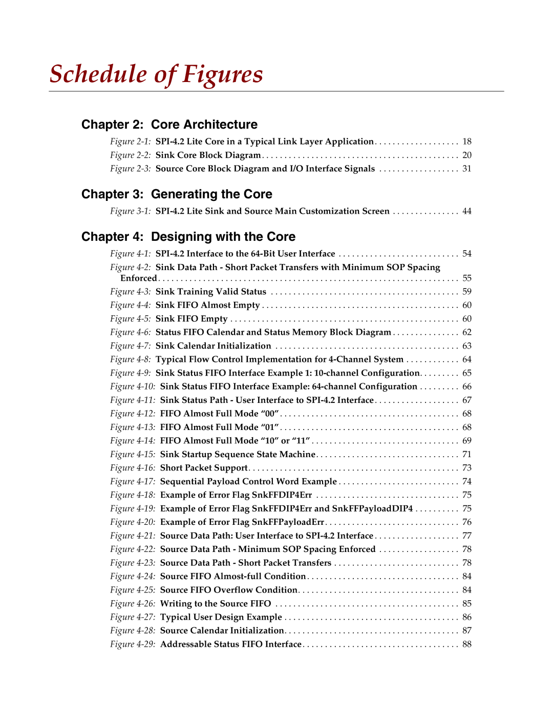 Xilinx UG181 manual Schedule of Figures, 1SPI-4.2 Lite Core in a Typical Link Layer Application 