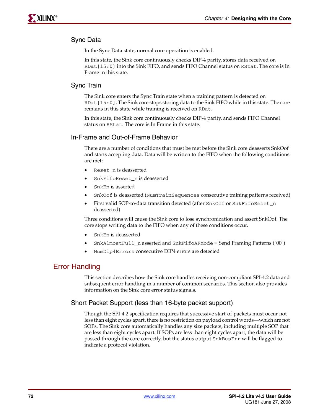 Xilinx UG181 manual Error Handling, Sync Data, Sync Train, In-Frame and Out-of-Frame Behavior 