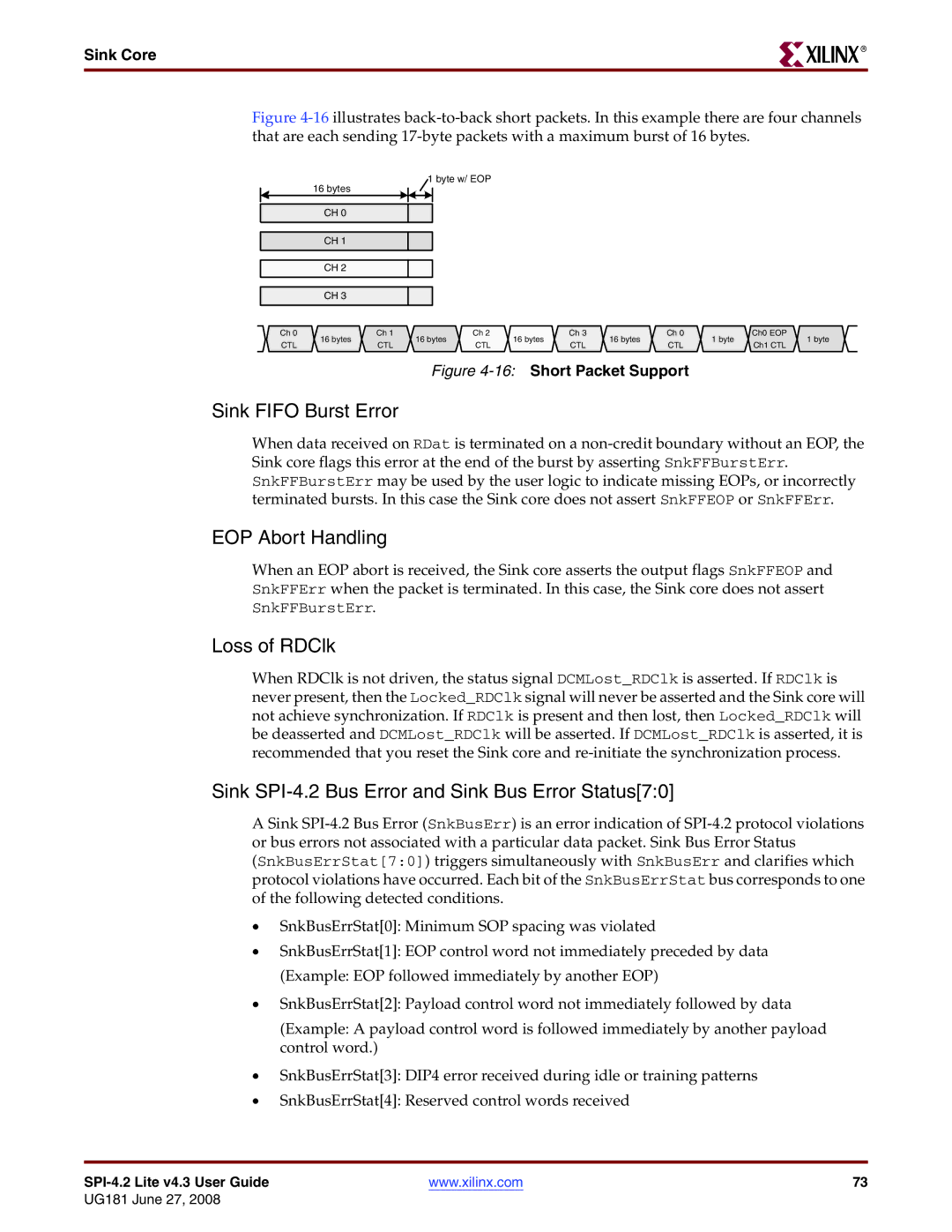 Xilinx UG181 Sink Fifo Burst Error, EOP Abort Handling, Loss of RDClk, Sink SPI-4.2 Bus Error and Sink Bus Error Status70 