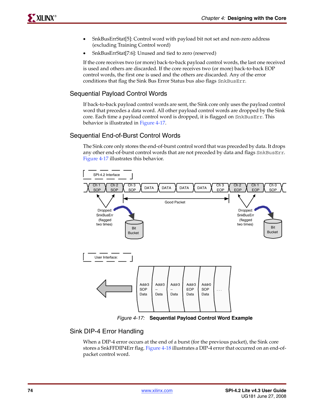 Xilinx UG181 manual Sequential Payload Control Words, Sequential End-of-Burst Control Words, Sink DIP-4 Error Handling 