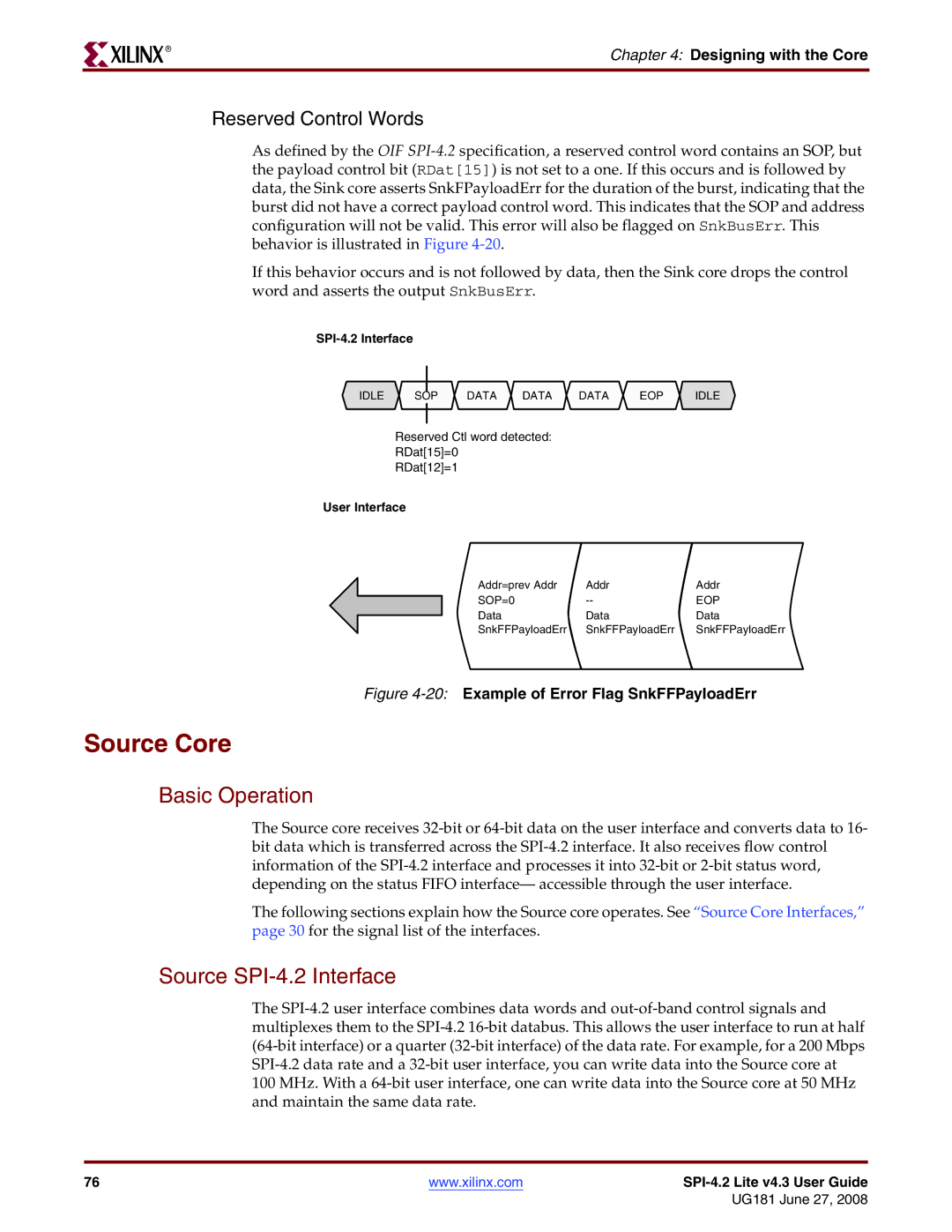 Xilinx UG181 manual Source Core, Reserved Control Words 