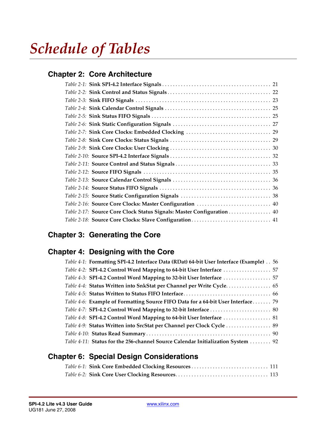 Xilinx UG181 manual Schedule of Tables, Generating the Core Designing with the Core 