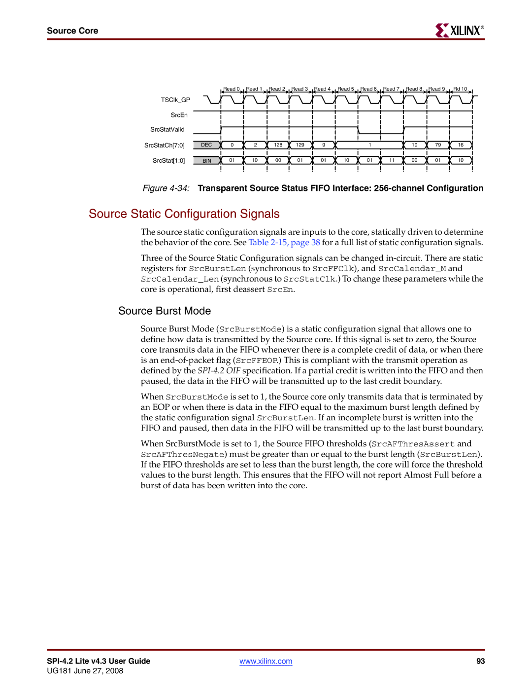 Xilinx UG181 manual Source Static Configuration Signals, Source Burst Mode 