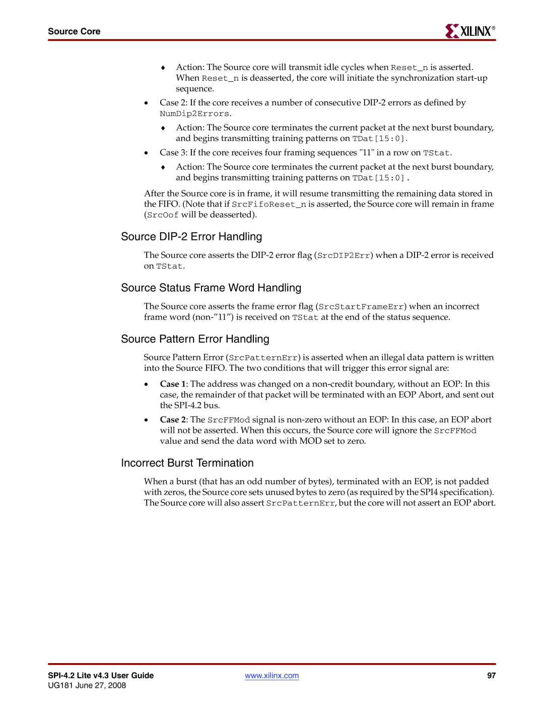 Xilinx UG181 manual Source DIP-2 Error Handling, Source Status Frame Word Handling, Source Pattern Error Handling 