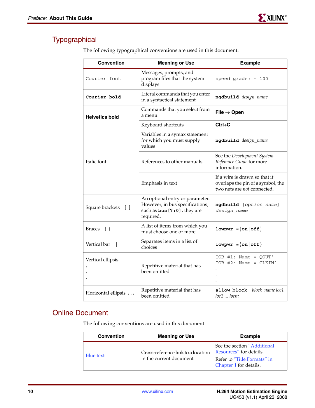 Xilinx UG4153 manual Preface About This Guide, Meaning or Use Example, File → Open, Helvetica bold, Ctrl+C 