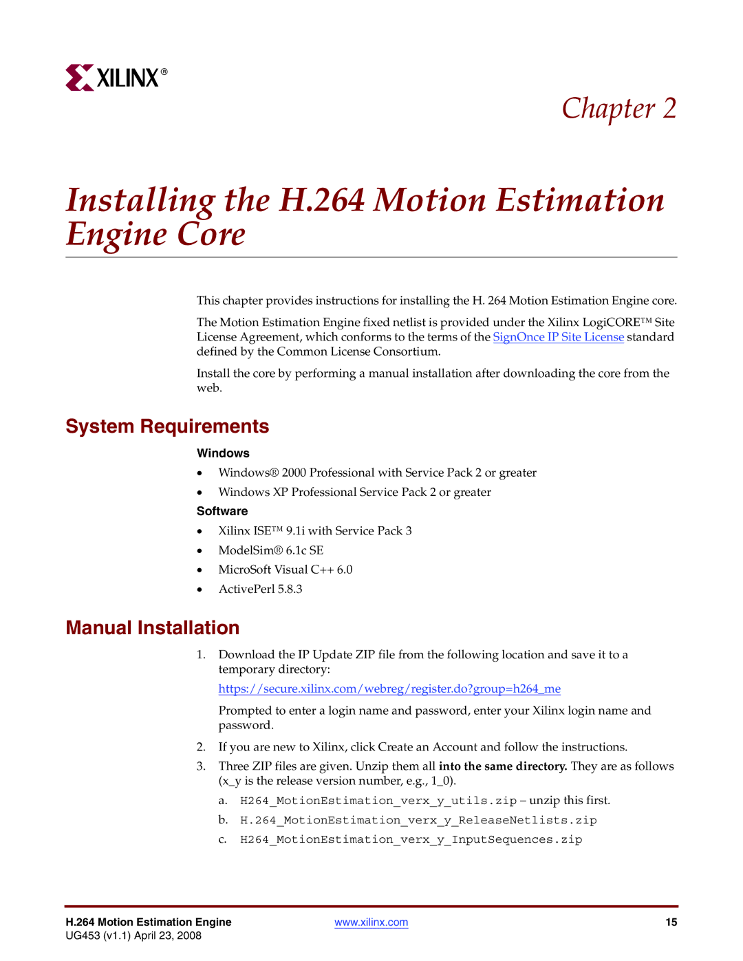 Xilinx UG4153 manual Installing the H.264 Motion Estimation Engine Core, System Requirements, Manual Installation, Windows 