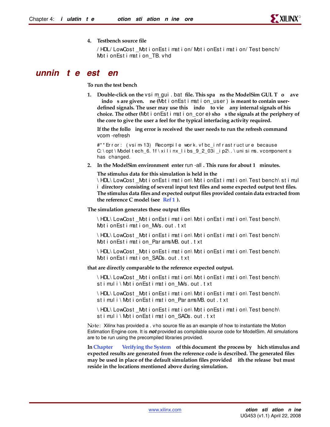 Xilinx UG4153 manual Running the Test Bench, Simulating the H Motion Estimation Engine Core, Testbench source file 