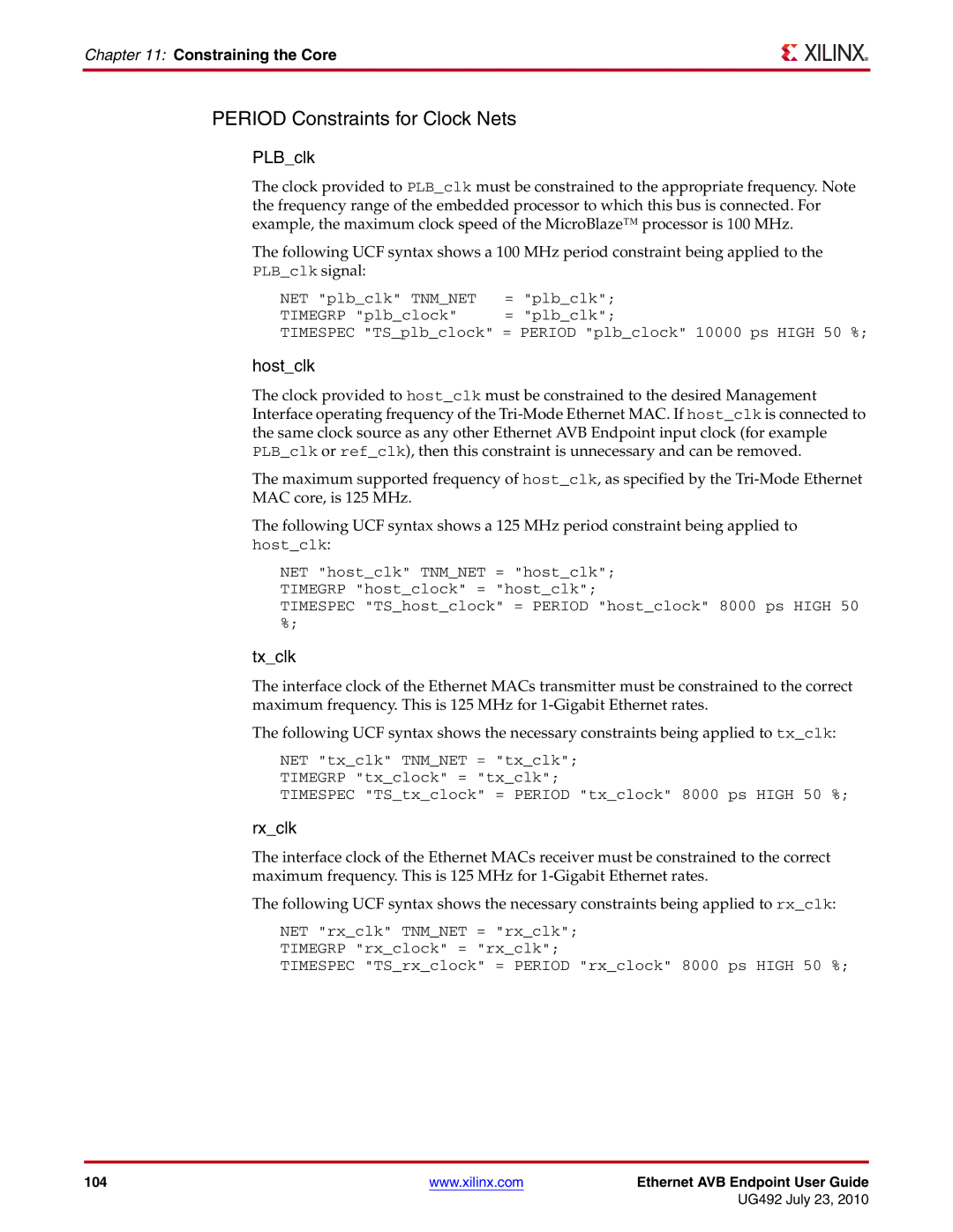 Xilinx UG492 manual Period Constraints for Clock Nets, PLBclk, Hostclk, Txclk, Rxclk 