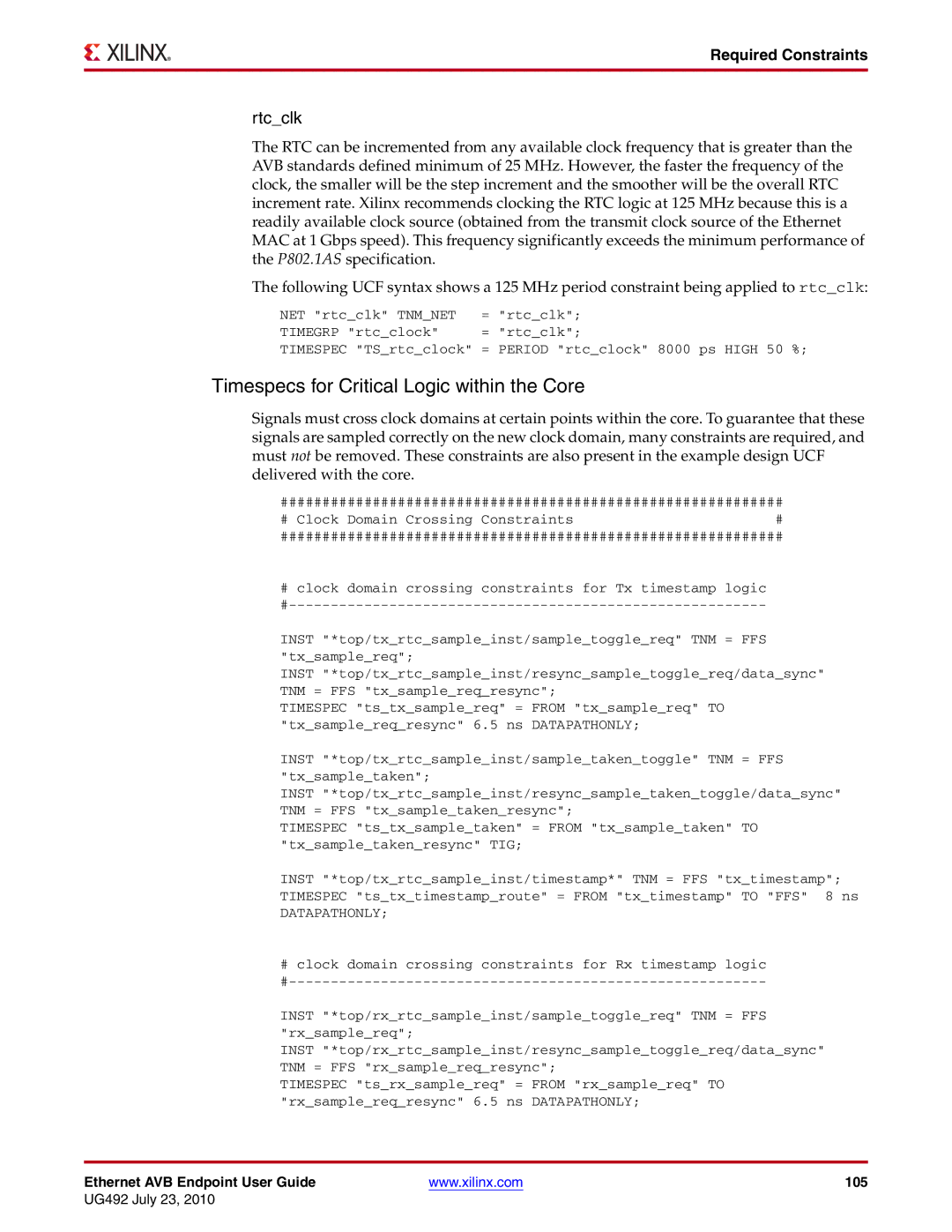 Xilinx UG492 manual Timespecs for Critical Logic within the Core, Rtcclk, Required Constraints 