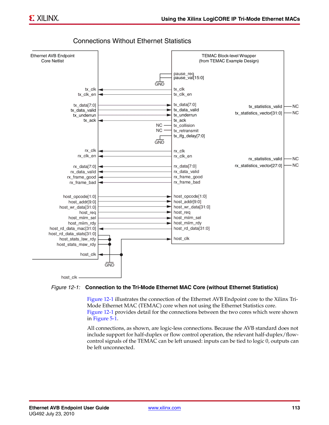 Xilinx UG492 manual Connections Without Ethernet Statistics, Using the Xilinx LogiCORE IP Tri-Mode Ethernet MACs 