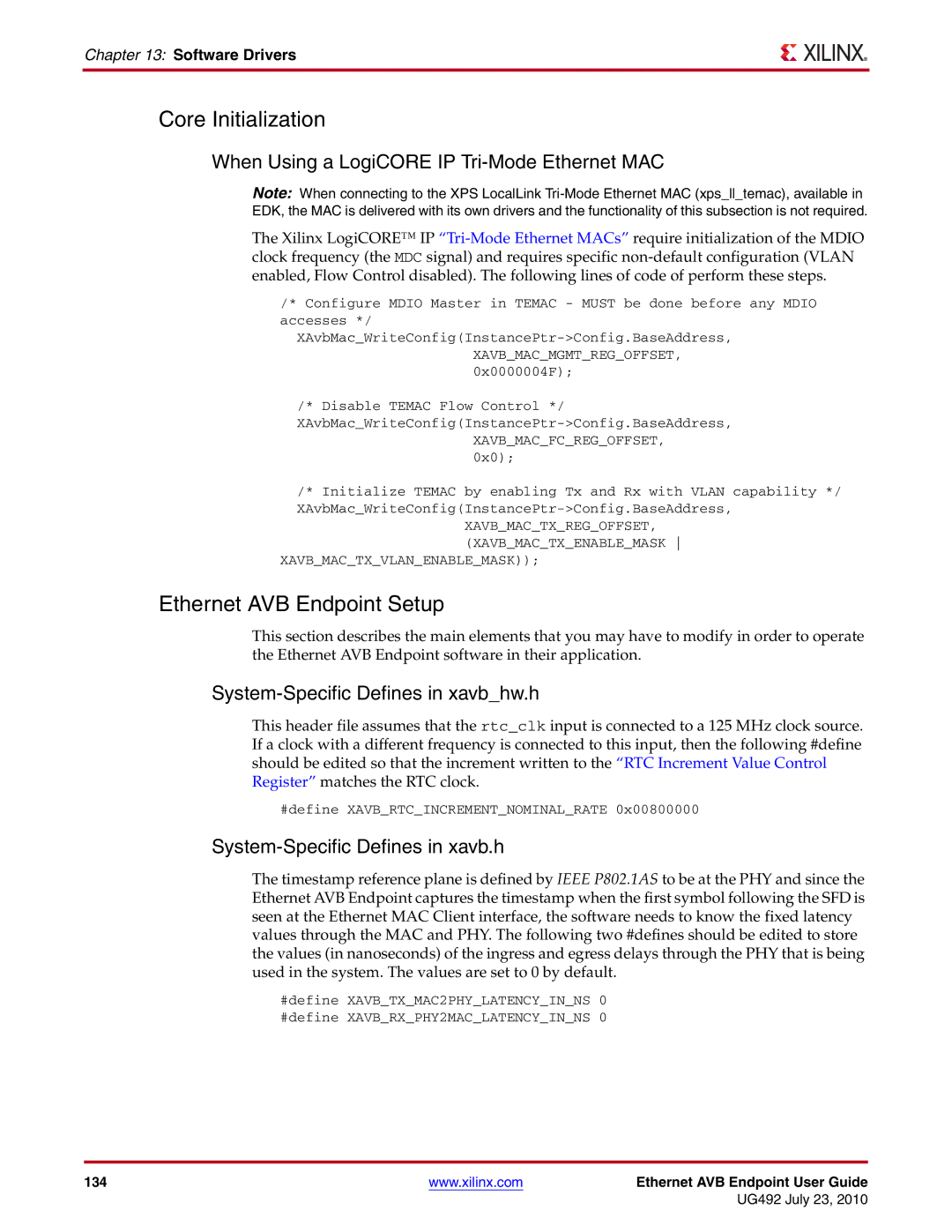 Xilinx UG492 manual Core Initialization, Ethernet AVB Endpoint Setup, When Using a LogiCORE IP Tri-Mode Ethernet MAC 