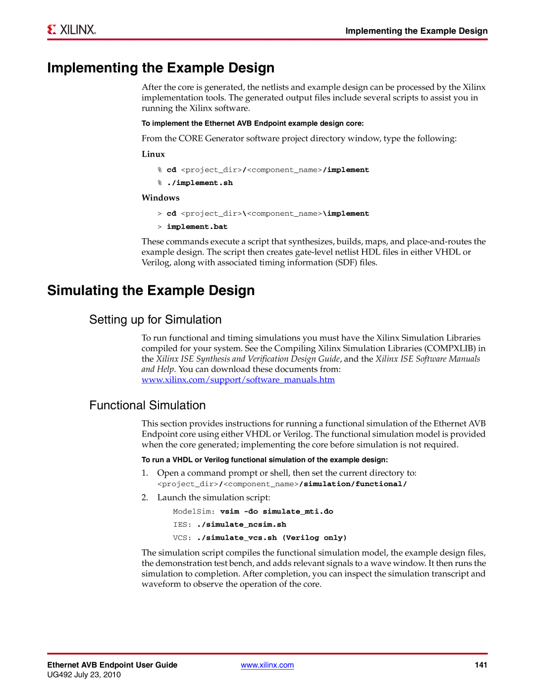 Xilinx UG492 manual Implementing the Example Design, Simulating the Example Design 