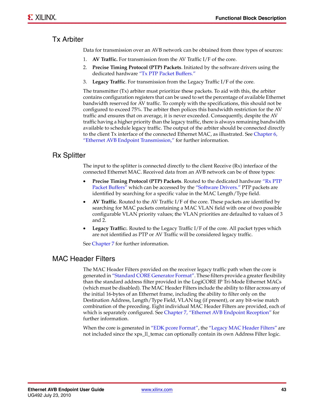 Xilinx UG492 manual Tx Arbiter, Rx Splitter, MAC Header Filters, Functional Block Description 