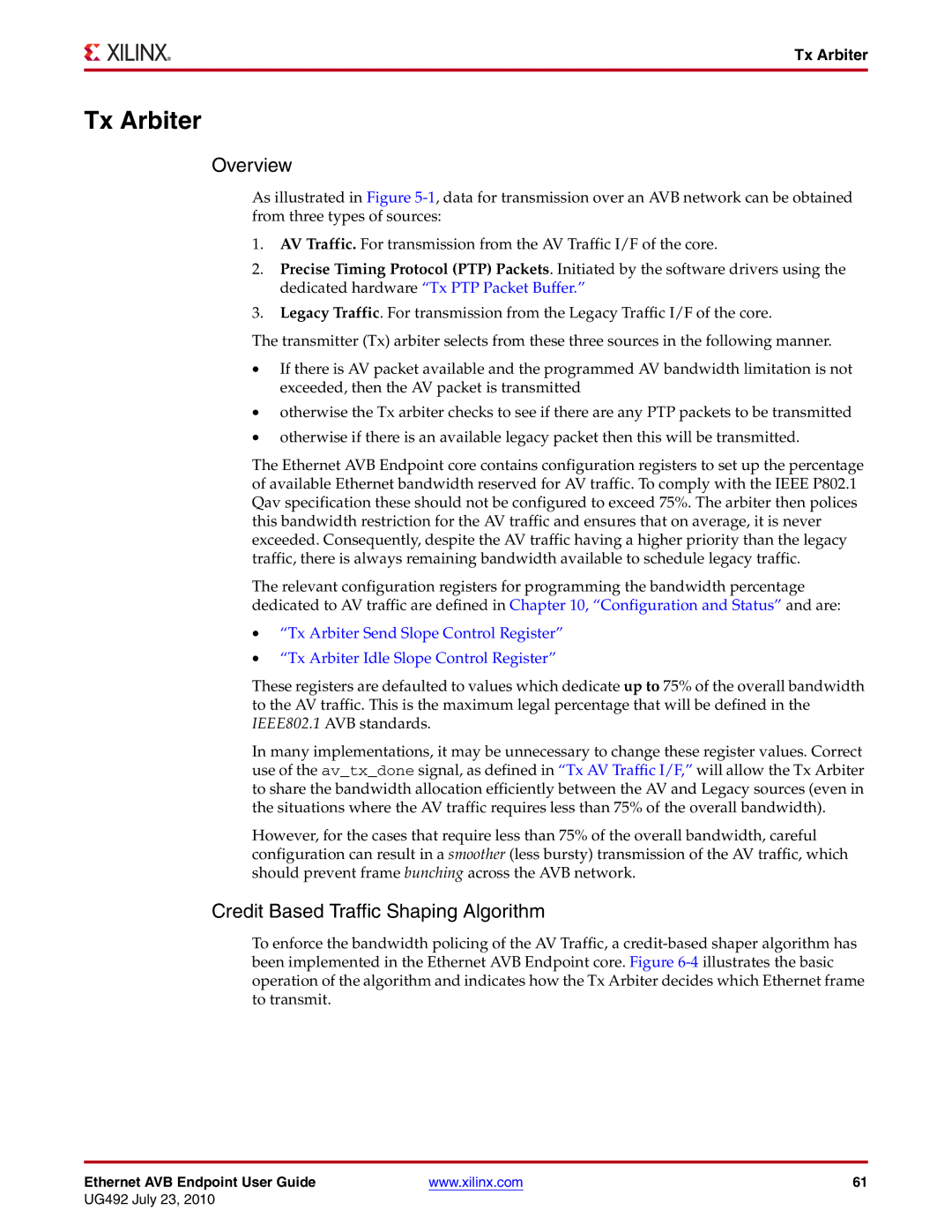 Xilinx UG492 manual Tx Arbiter, Overview, Credit Based Traffic Shaping Algorithm 