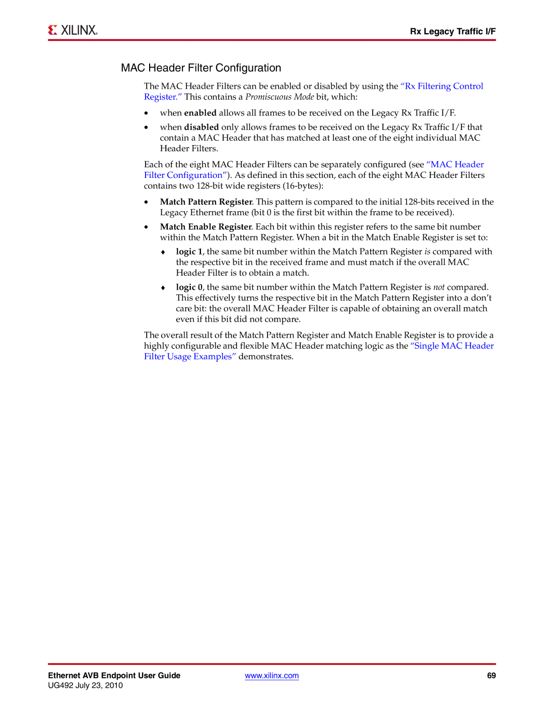 Xilinx UG492 manual MAC Header Filter Configuration 