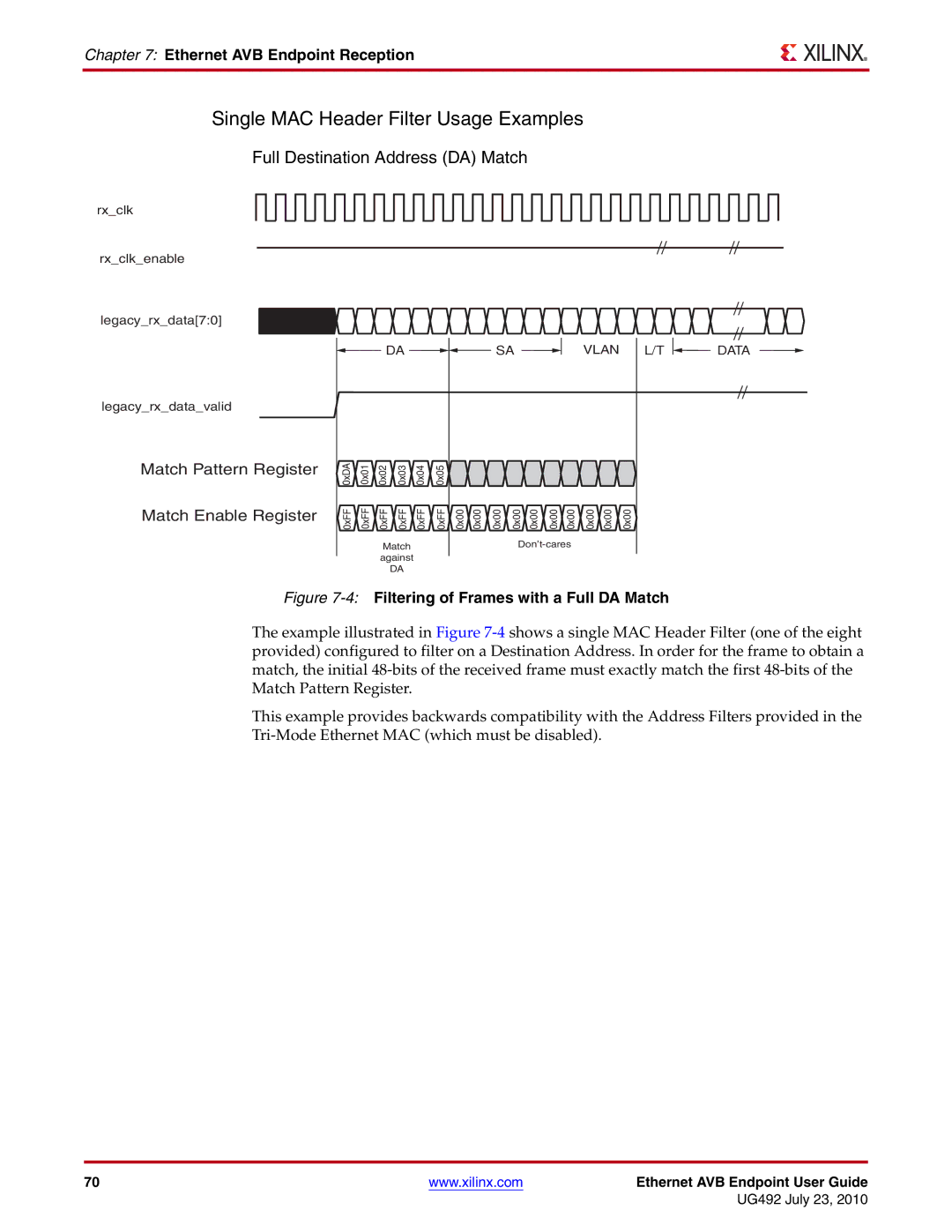 Xilinx UG492 manual Single MAC Header Filter Usage Examples, Full Destination Address DA Match 