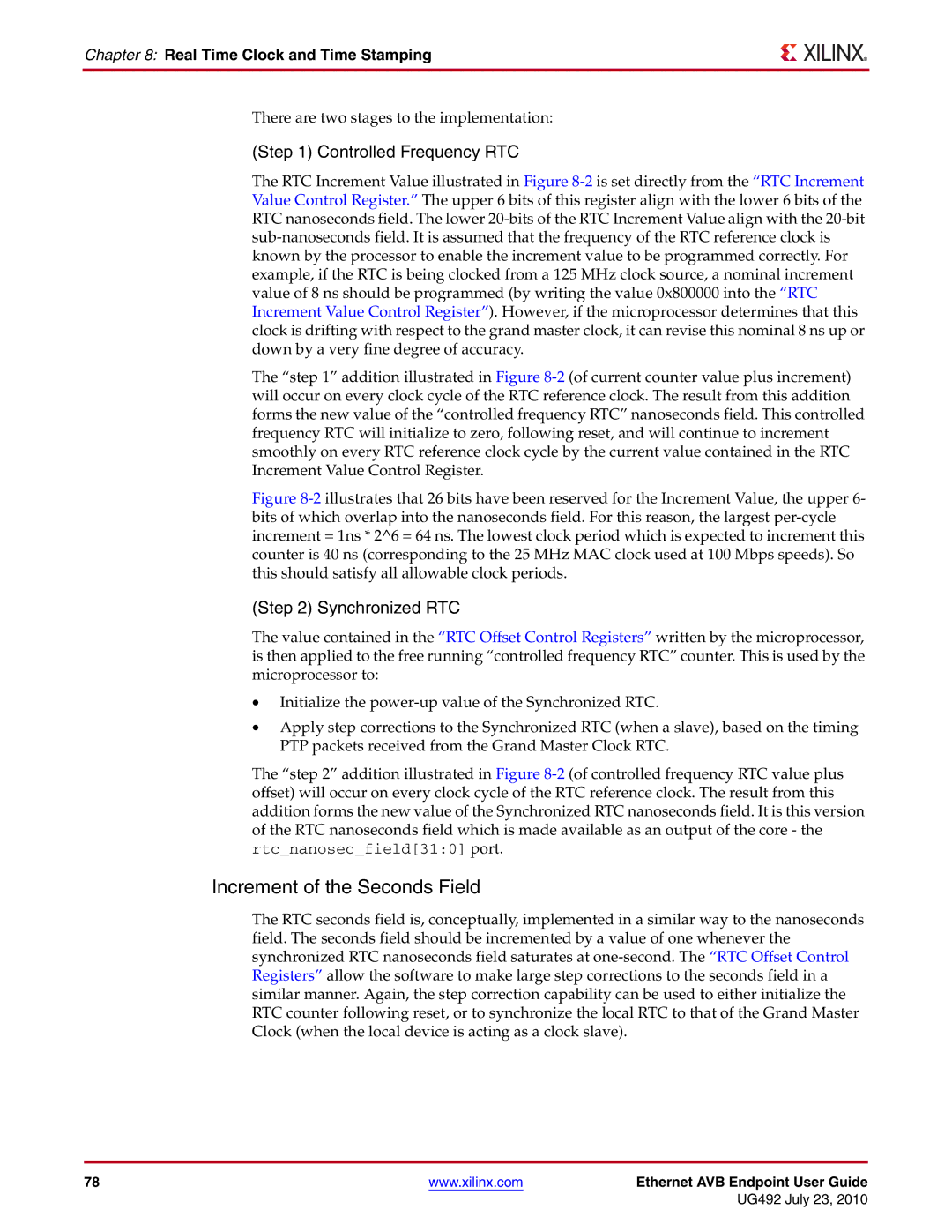 Xilinx UG492 manual Increment of the Seconds Field, Controlled Frequency RTC, Synchronized RTC 