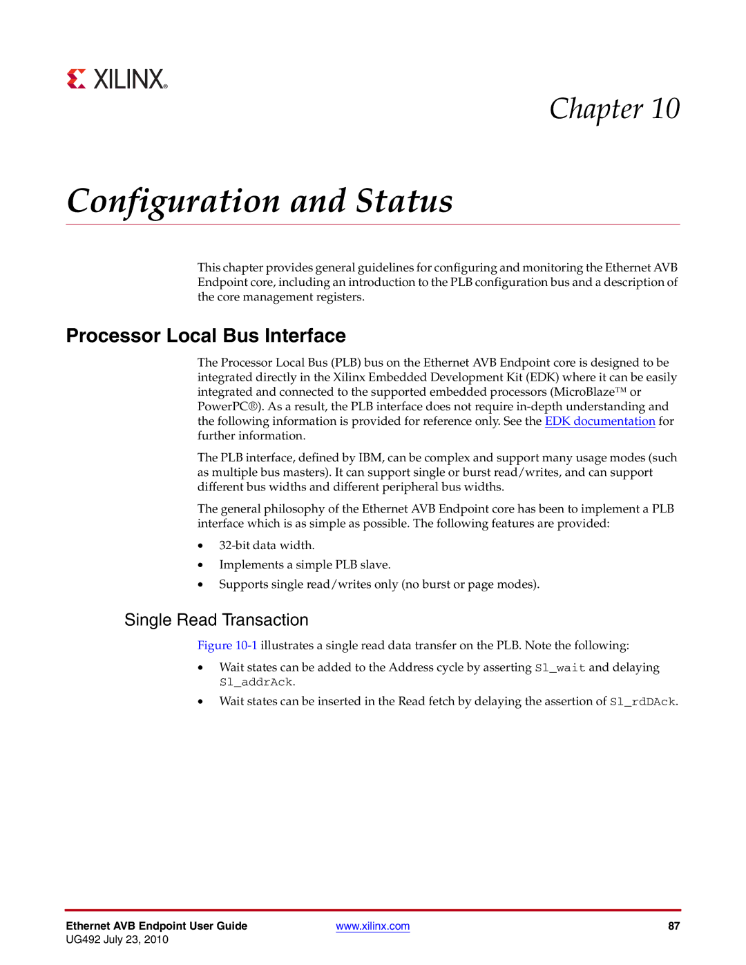 Xilinx UG492 manual Configuration and Status, Processor Local Bus Interface, Single Read Transaction 