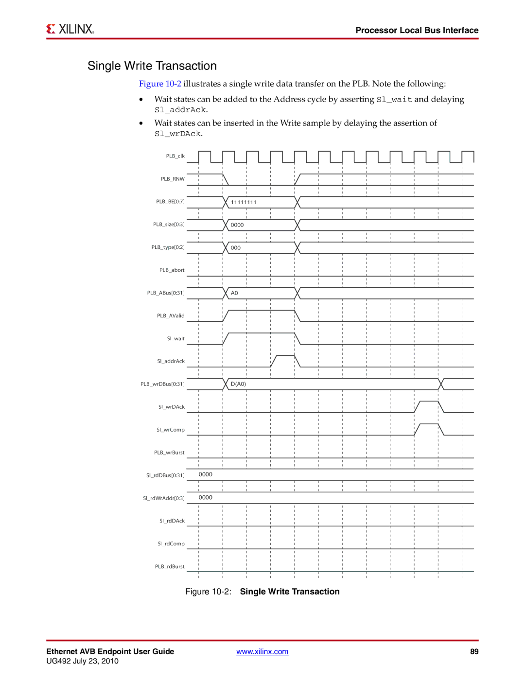 Xilinx UG492 manual Single Write Transaction, Processor Local Bus Interface 