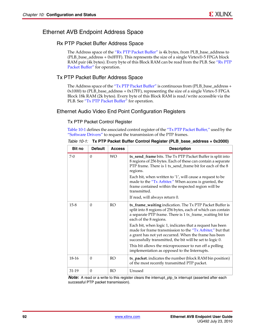 Xilinx UG492 Ethernet AVB Endpoint Address Space, Rx PTP Packet Buffer Address Space, Tx PTP Packet Buffer Address Space 