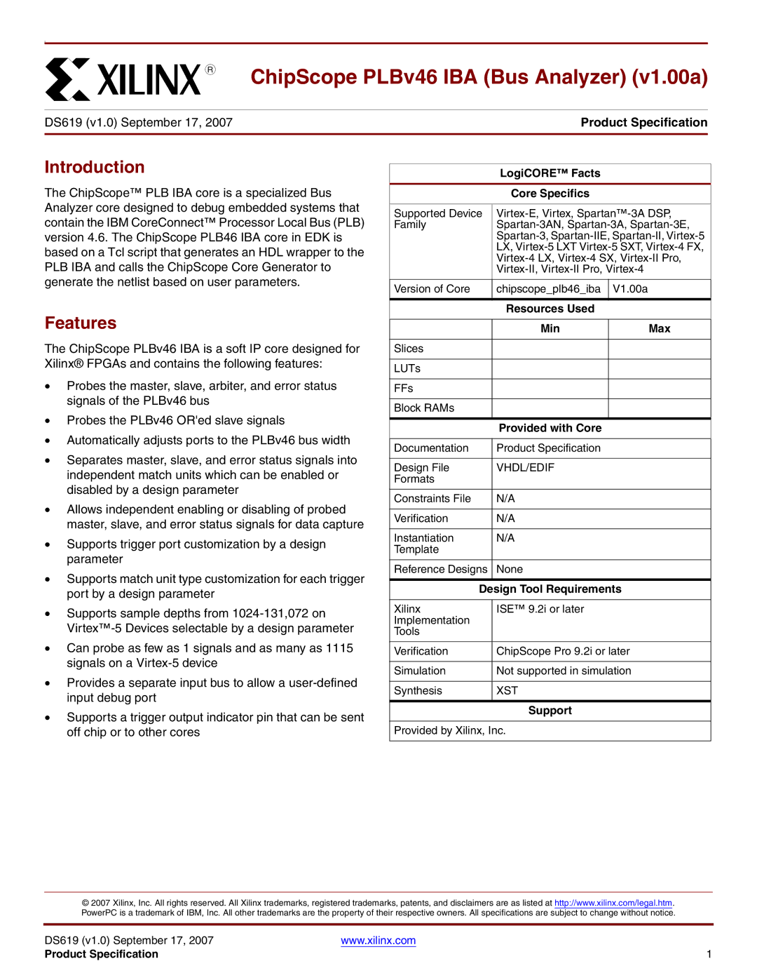 Xilinx v1.00a specifications Introduction, Features 