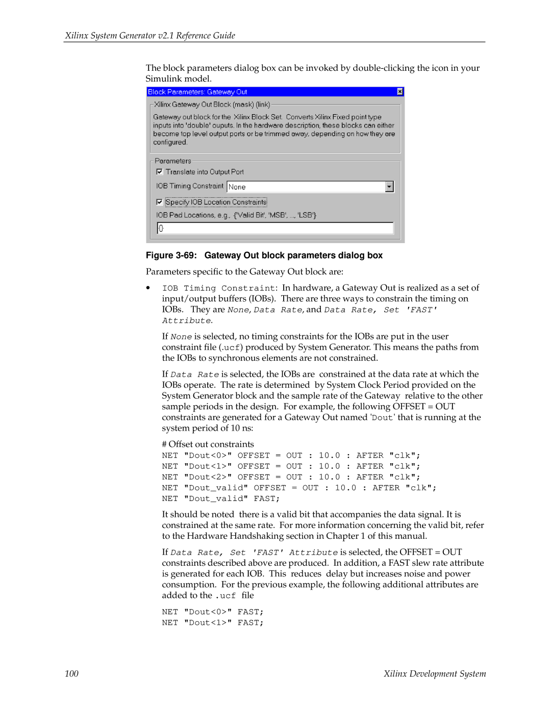 Xilinx V2.1 manual Gateway Out block parameters dialog box 