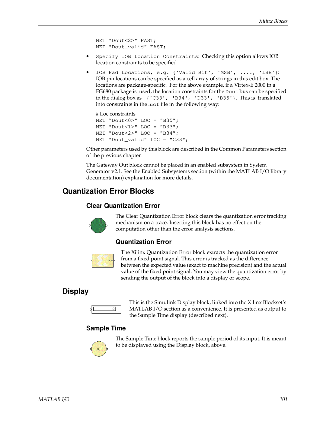 Xilinx V2.1 manual Quantization Error Blocks, Display, Clear Quantization Error, Sample Time 