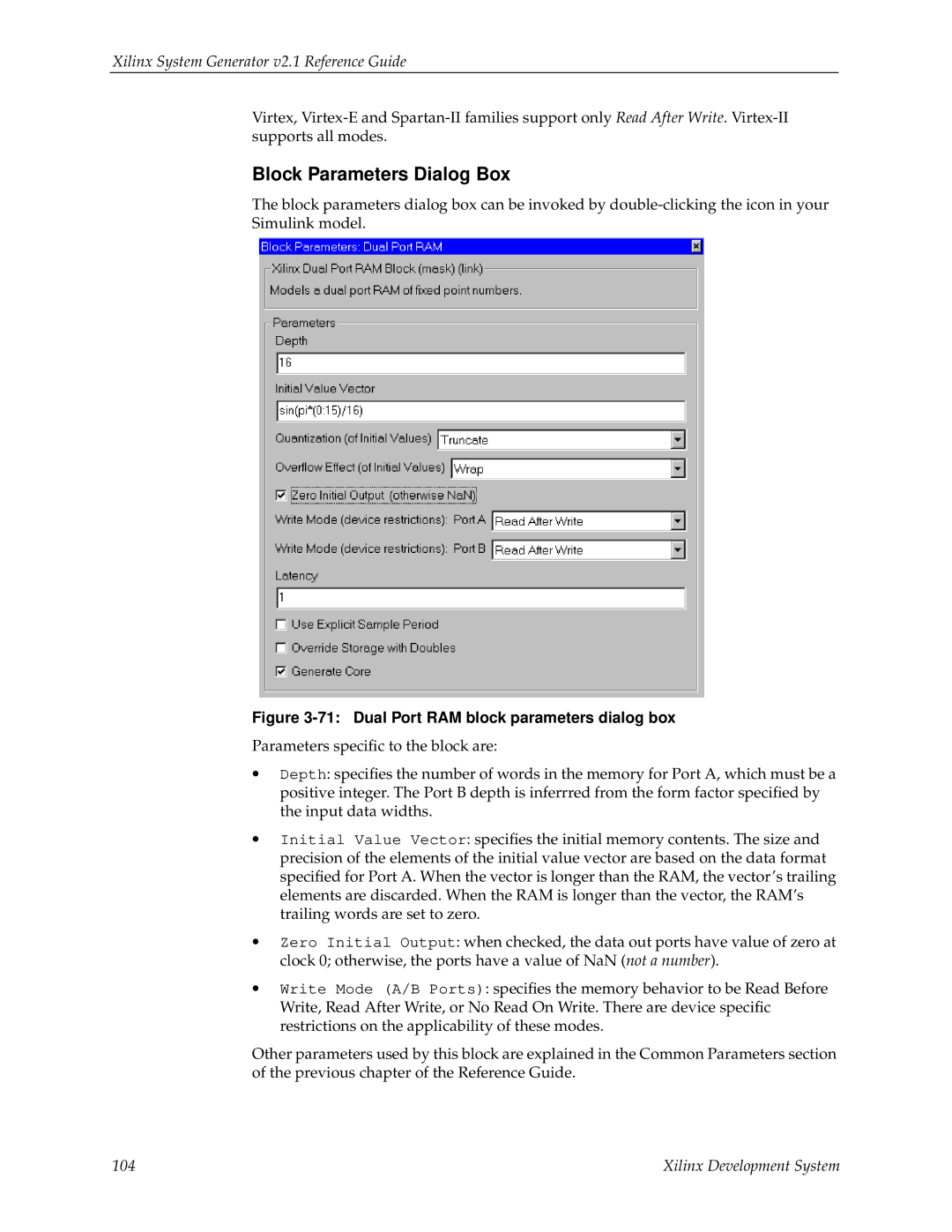 Xilinx V2.1 manual Dual Port RAM block parameters dialog box 