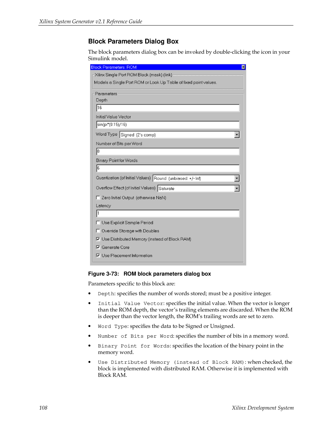 Xilinx V2.1 manual ROM block parameters dialog box 