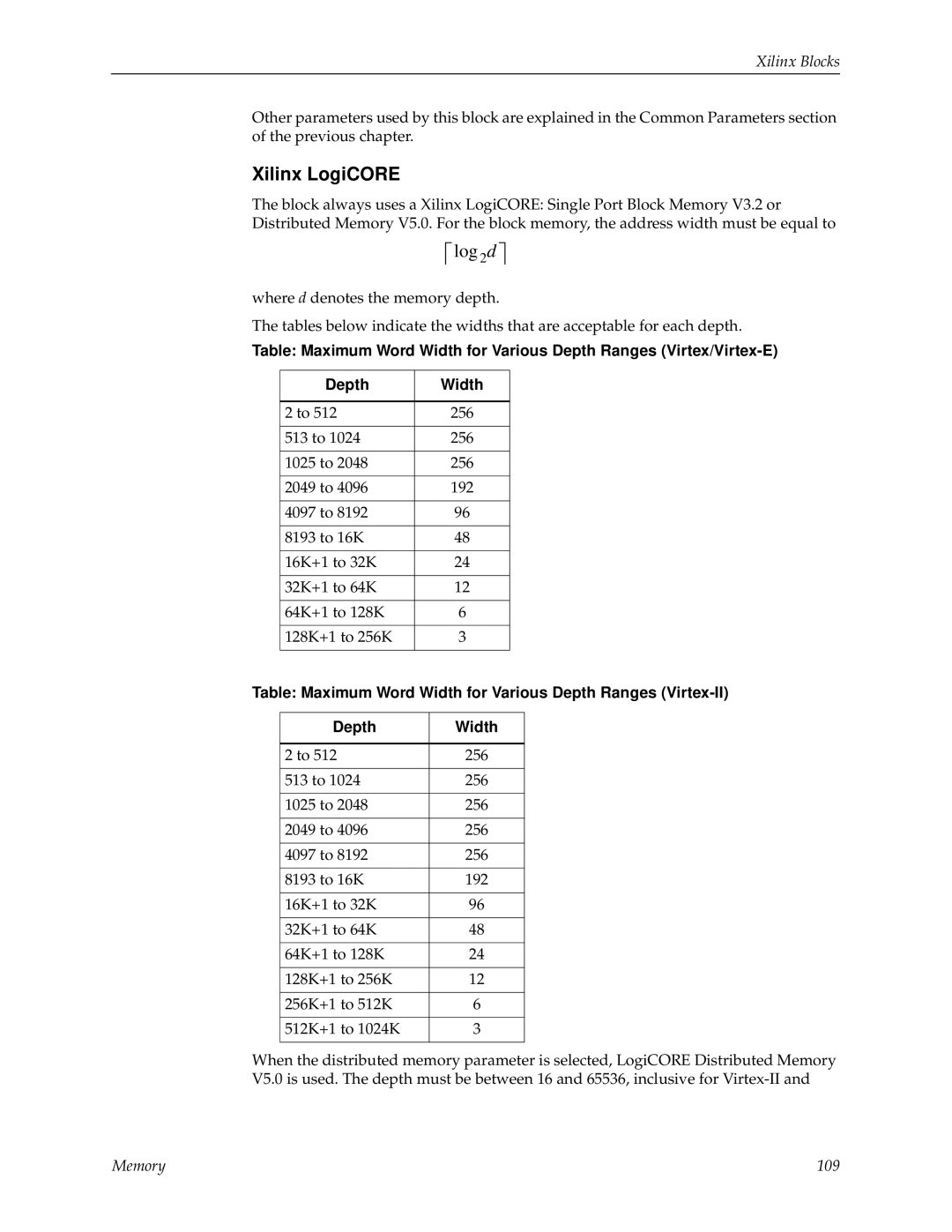 Xilinx V2.1 manual Table Maximum Word Width for Various Depth Ranges Virtex-II 