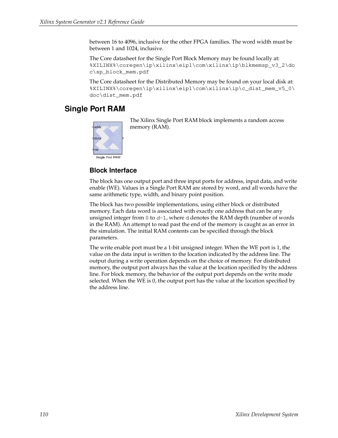 Xilinx V2.1 manual Single Port RAM, Block Interface 