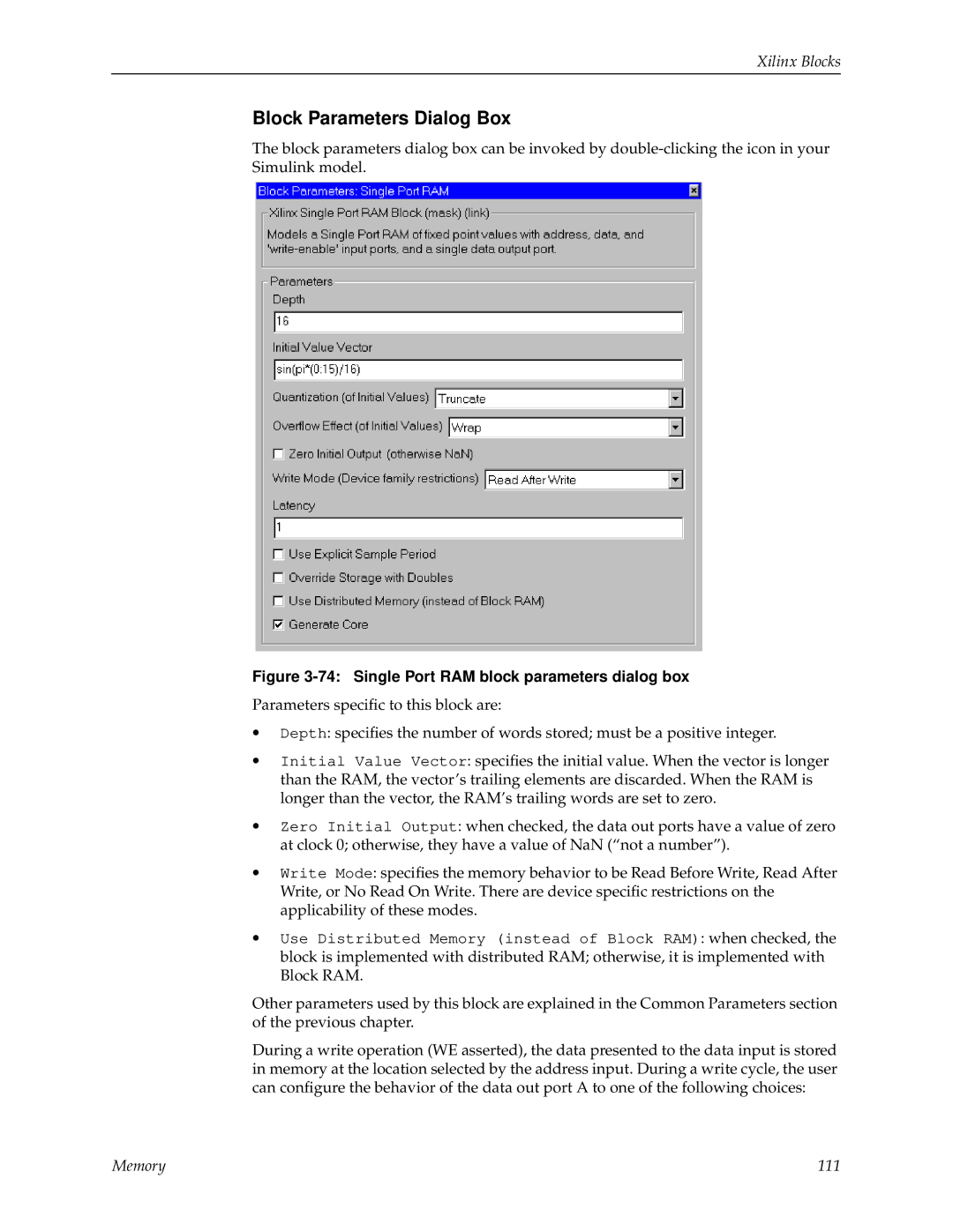 Xilinx V2.1 manual Single Port RAM block parameters dialog box 