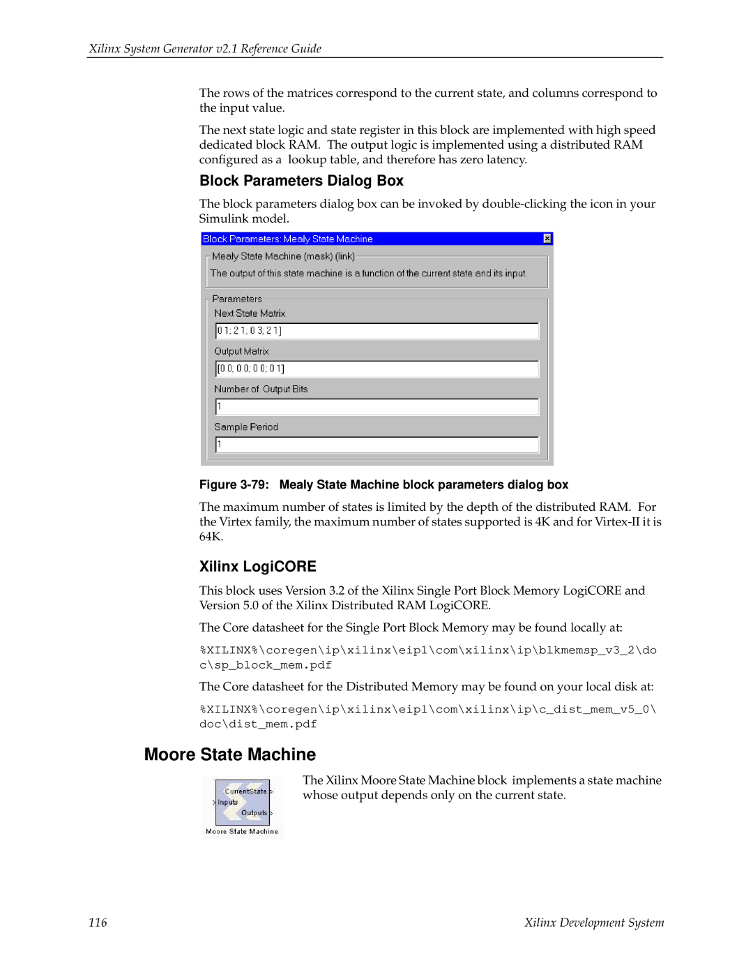 Xilinx V2.1 manual Moore State Machine, Mealy State Machine block parameters dialog box 