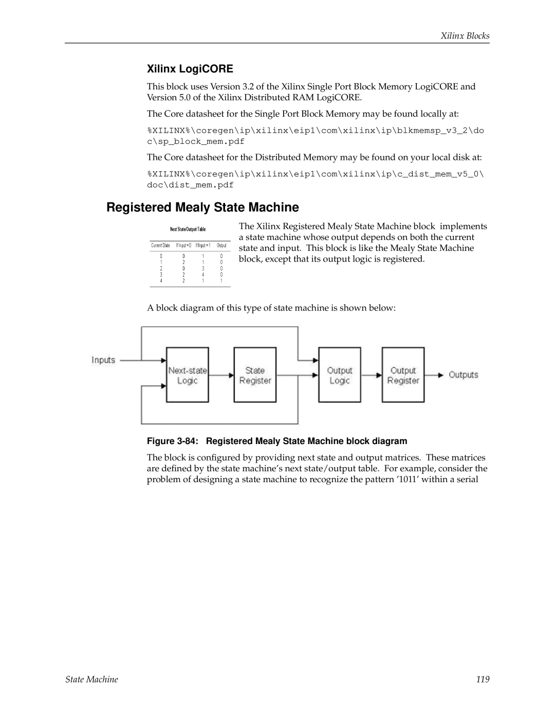 Xilinx V2.1 manual Registered Mealy State Machine block diagram 