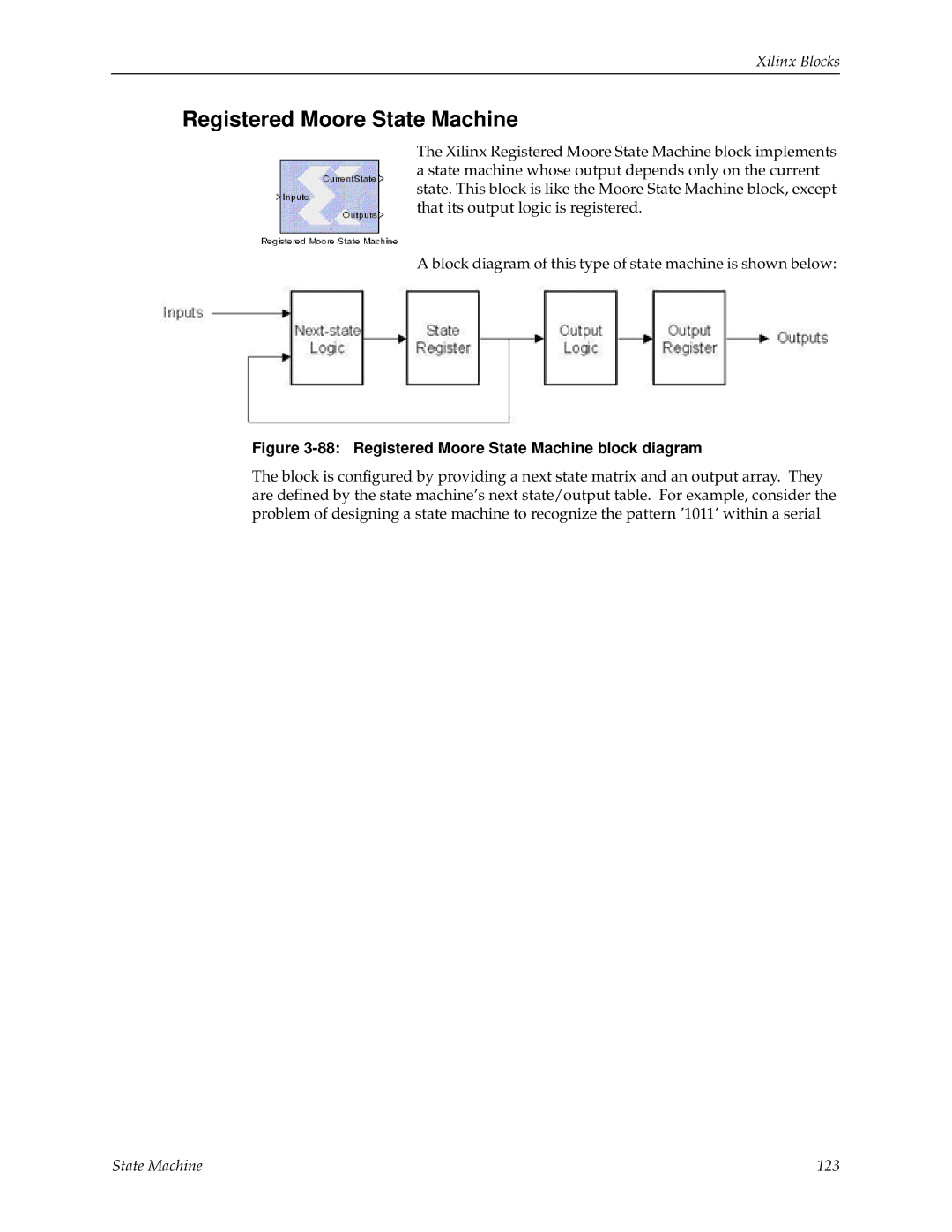 Xilinx V2.1 manual Registered Moore State Machine block diagram 