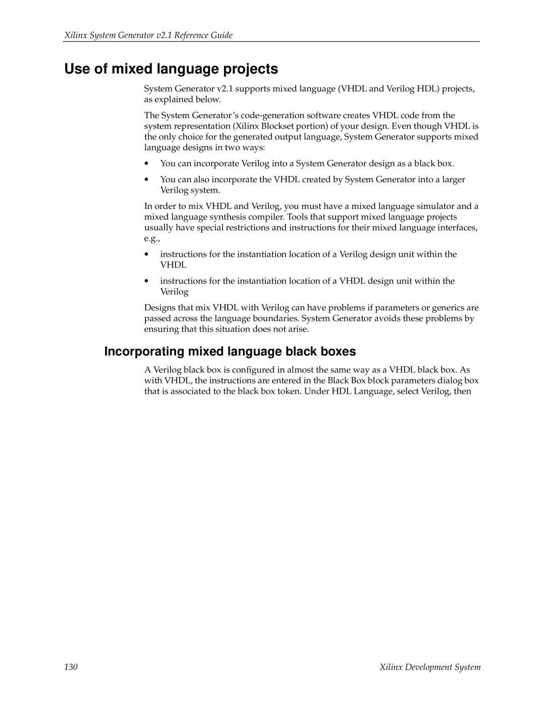 Xilinx V2.1 manual Use of mixed language projects, Incorporating mixed language black boxes 