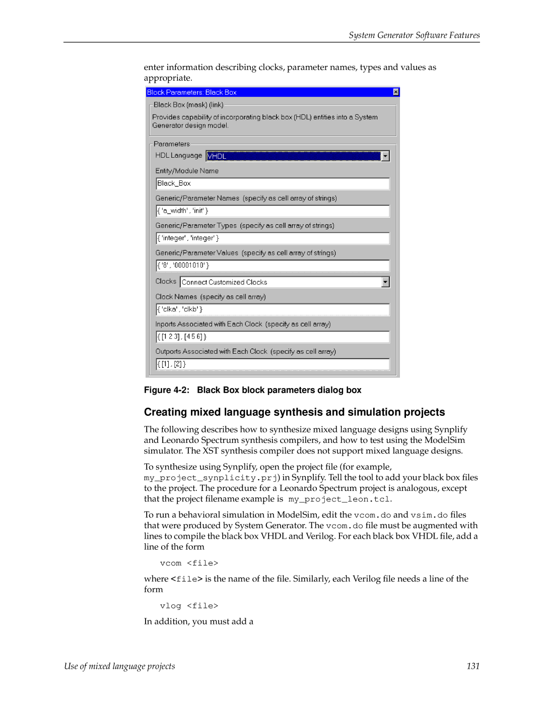 Xilinx V2.1 manual Creating mixed language synthesis and simulation projects, Black Box block parameters dialog box 