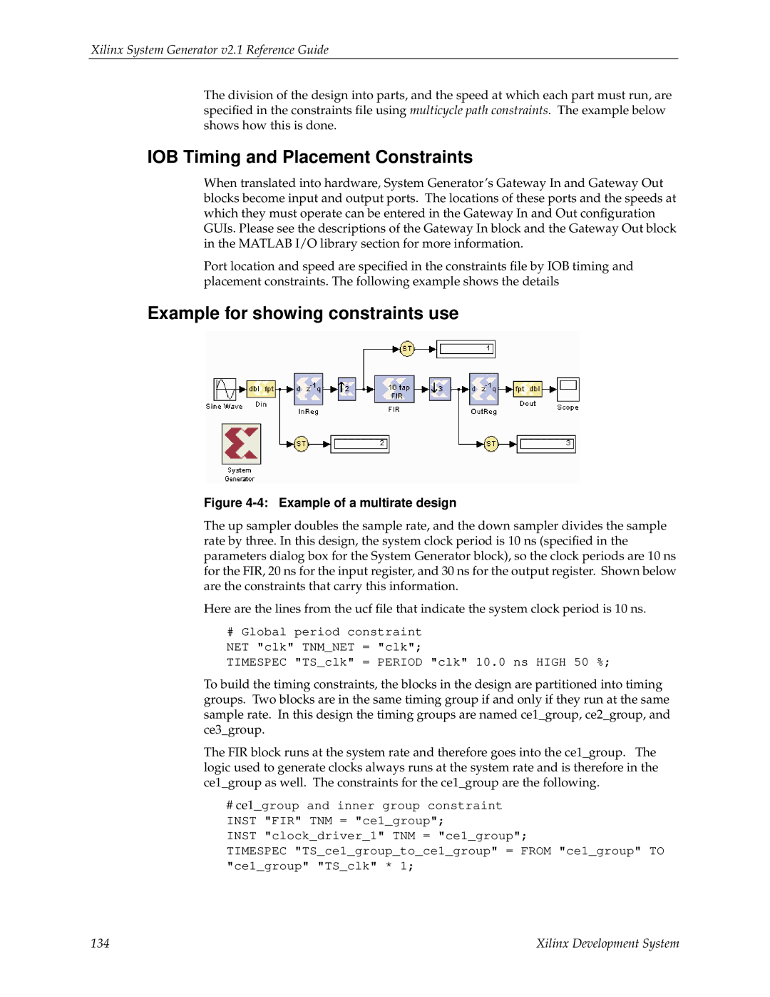 Xilinx V2.1 manual IOB Timing and Placement Constraints, Example for showing constraints use 