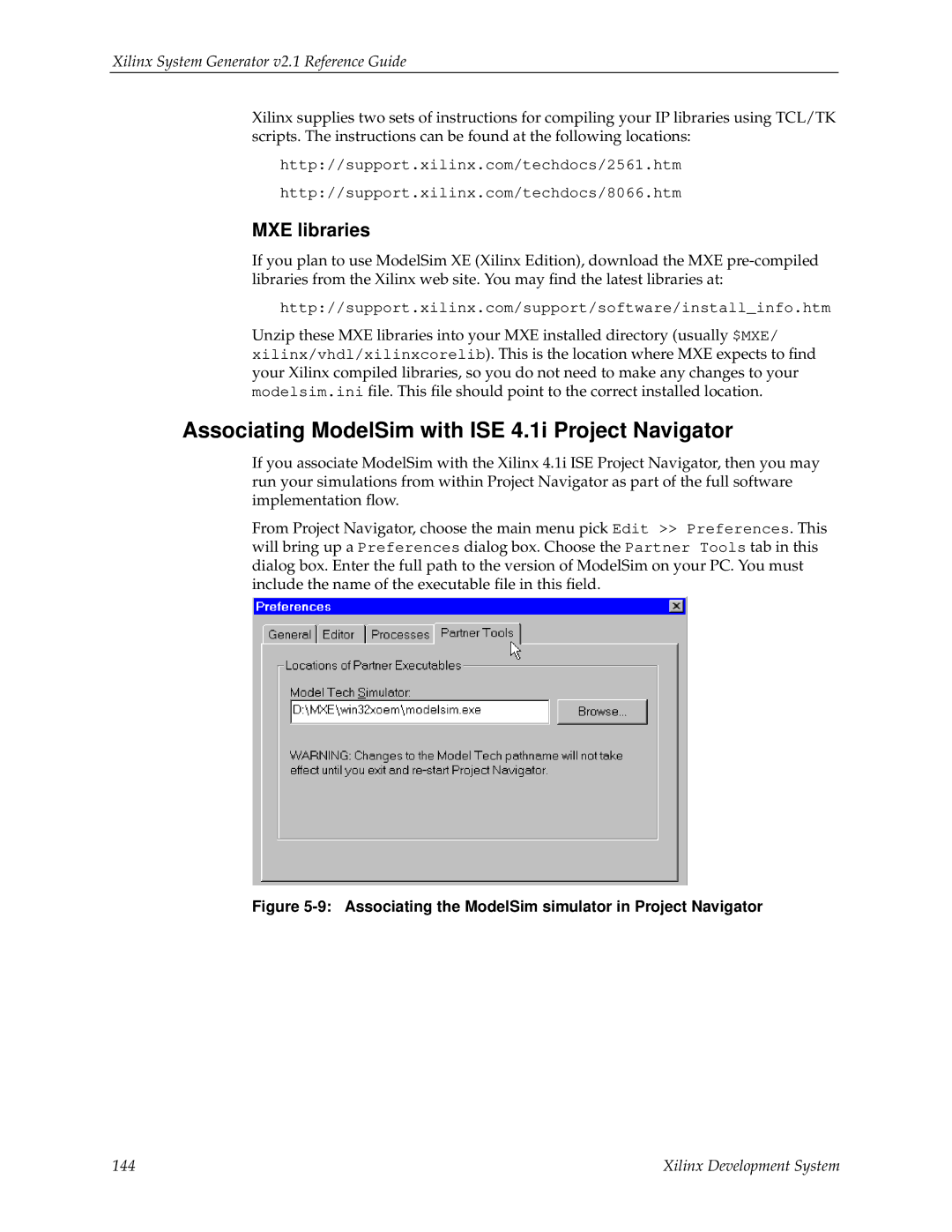 Xilinx V2.1 manual Associating ModelSim with ISE 4.1i Project Navigator, MXE libraries 