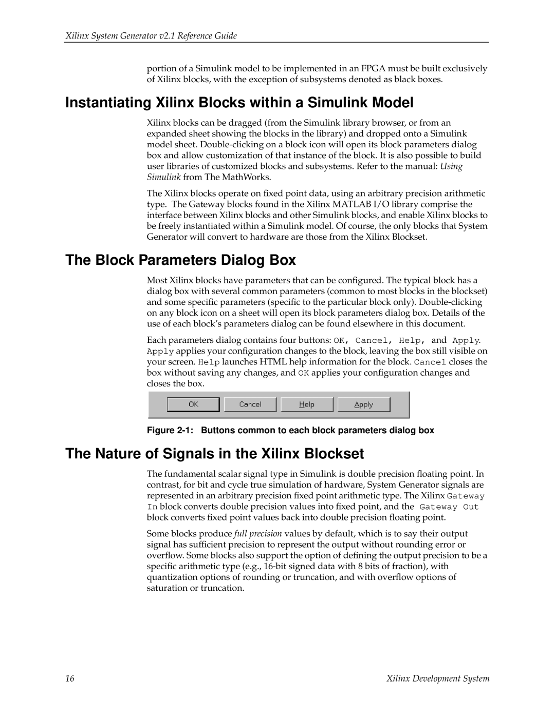 Xilinx V2.1 manual Instantiating Xilinx Blocks within a Simulink Model, Block Parameters Dialog Box 