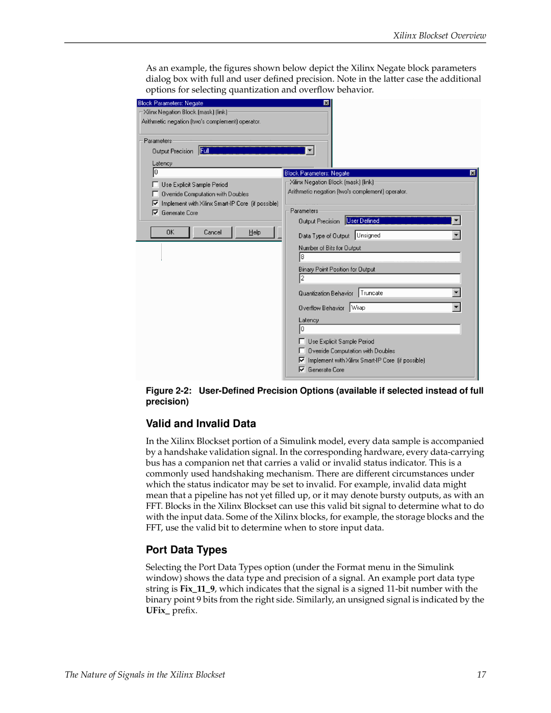 Xilinx V2.1 manual Valid and Invalid Data, Port Data Types 