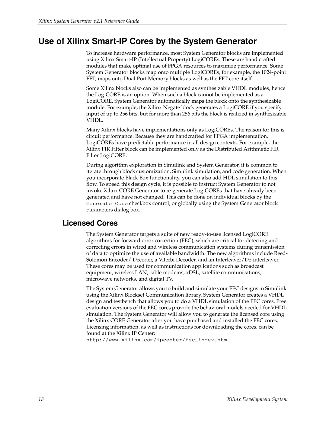 Xilinx V2.1 manual Use of Xilinx Smart-IP Cores by the System Generator, Licensed Cores 