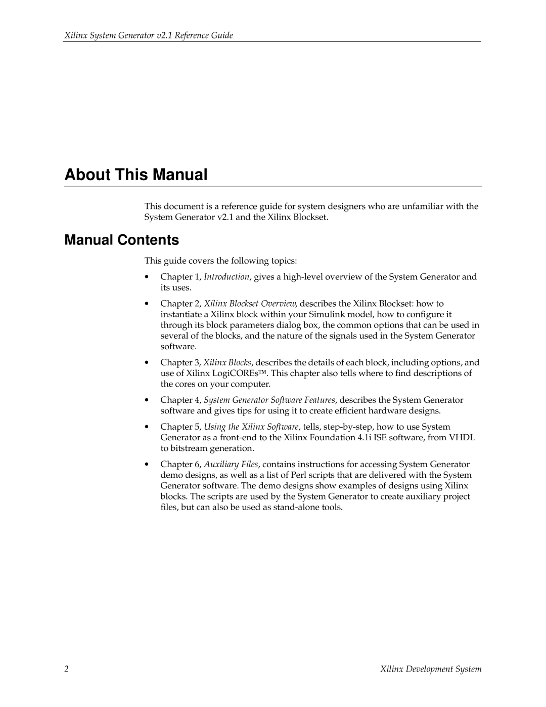 Xilinx V2.1 manual About This Manual, Manual Contents 