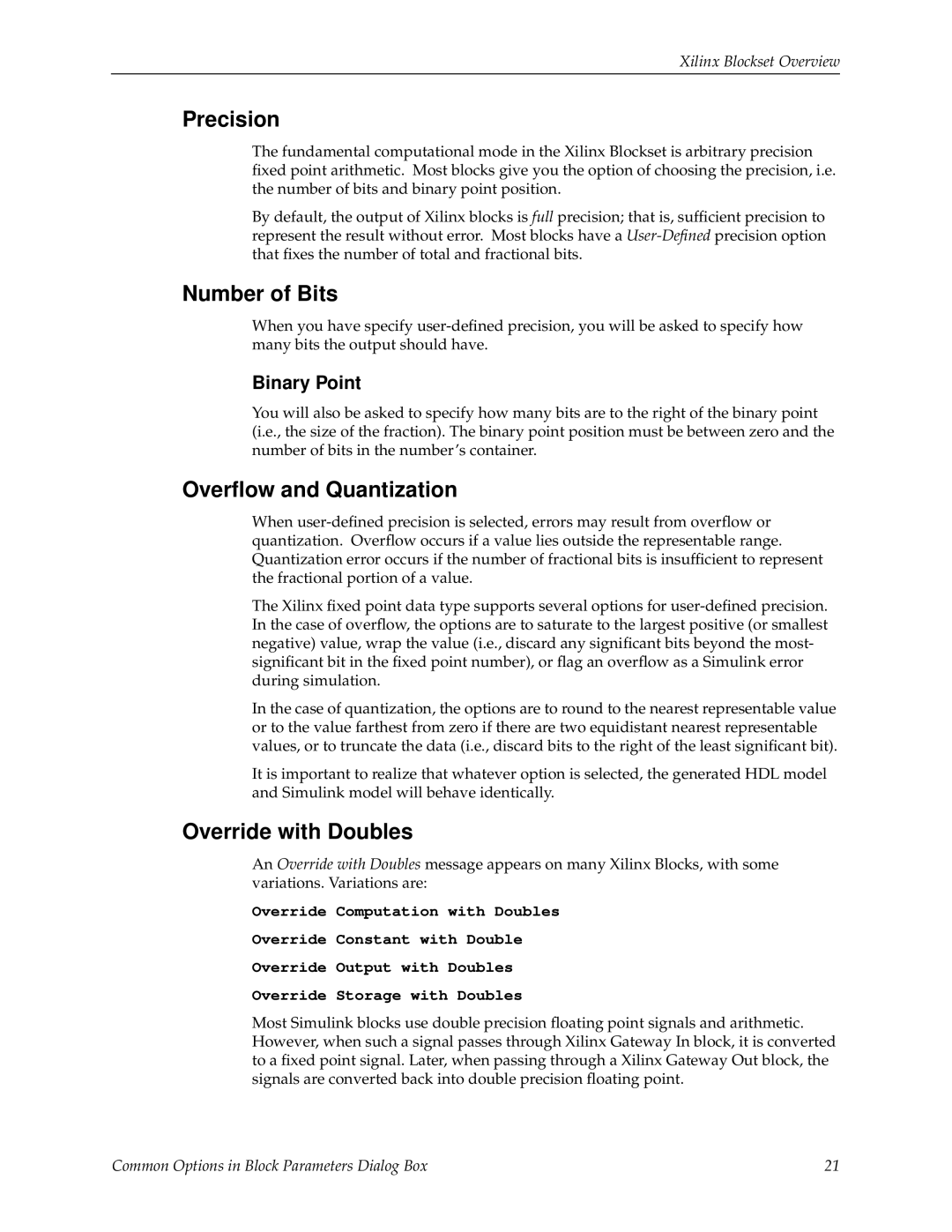 Xilinx V2.1 manual Precision, Number of Bits, Overﬂow and Quantization, Override with Doubles, Binary Point 