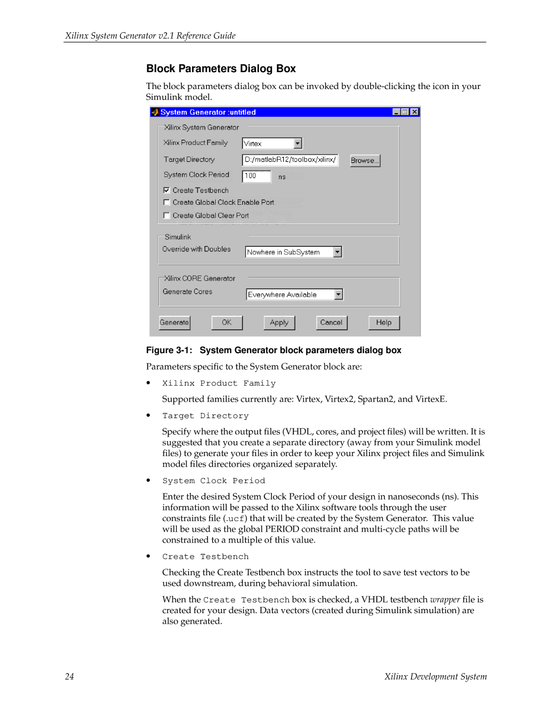 Xilinx V2.1 manual Block Parameters Dialog Box, System Generator block parameters dialog box 