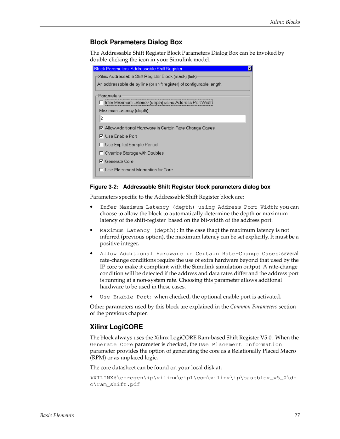 Xilinx V2.1 manual Xilinx LogiCORE, Addressable Shift Register block parameters dialog box 