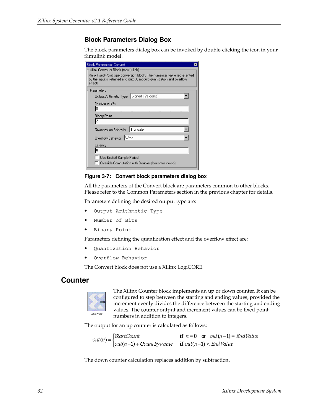 Xilinx V2.1 manual Counter, Convert block parameters dialog box 