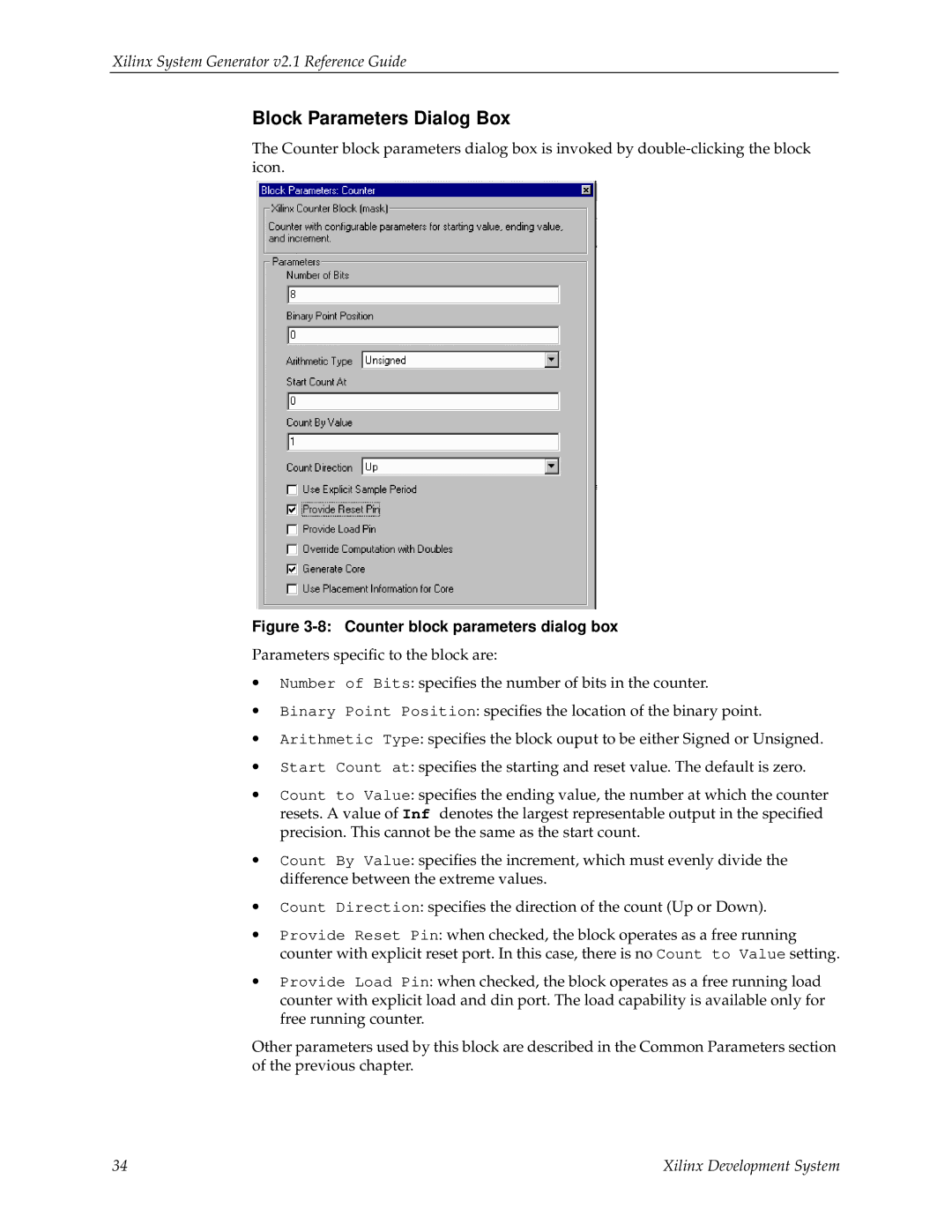 Xilinx V2.1 manual Counter block parameters dialog box 